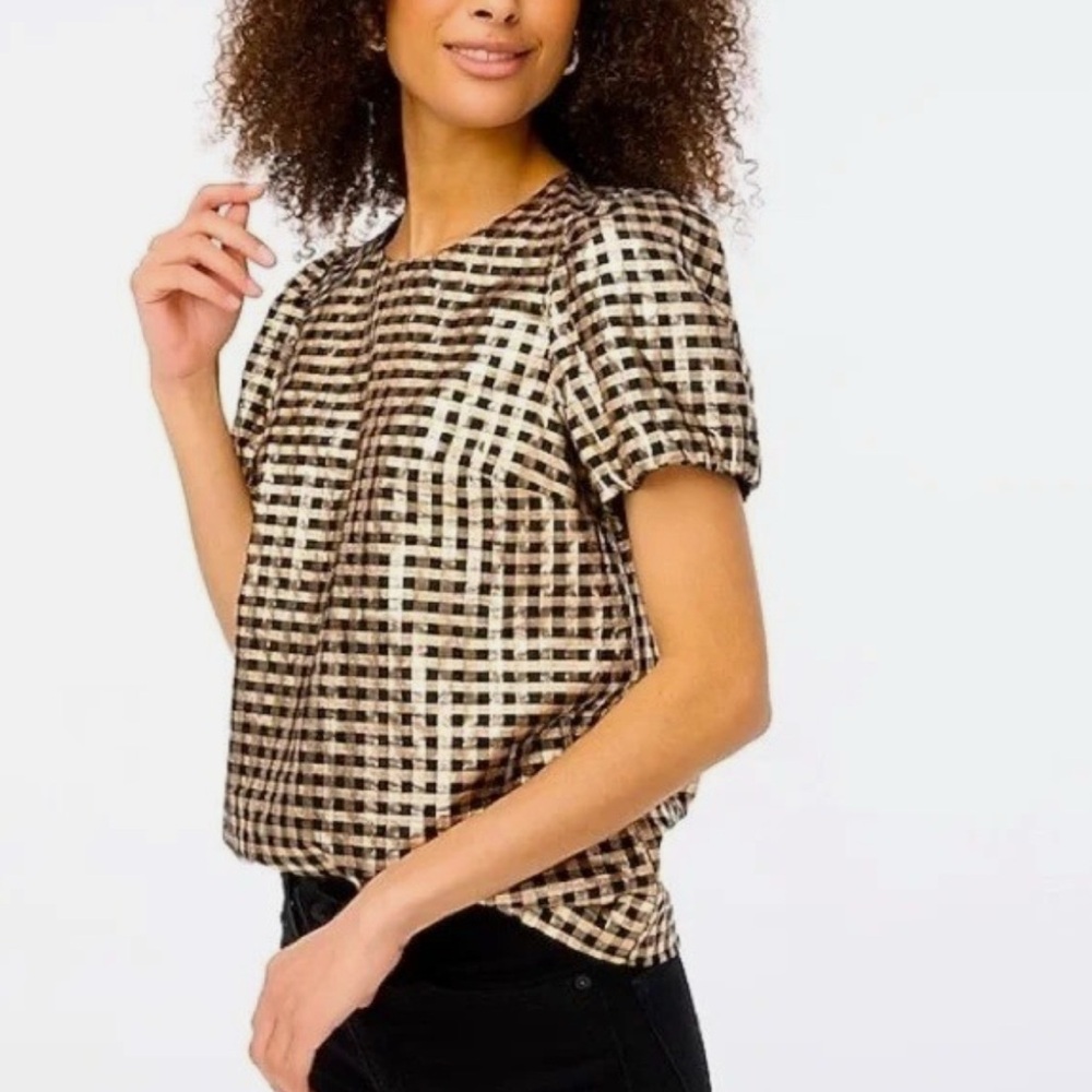 NWT J.Crew Lurex Metallic Threads Puff Sleeve Top Checkered Size xsmall